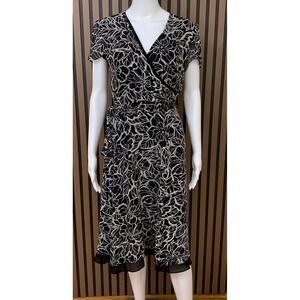 Talbots Pure Silk Wrap Dress Black White Floral Leaf Print Short Sleeve Midi 4